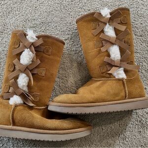 UGG Tan Suede Kids Boots with Bow Accents